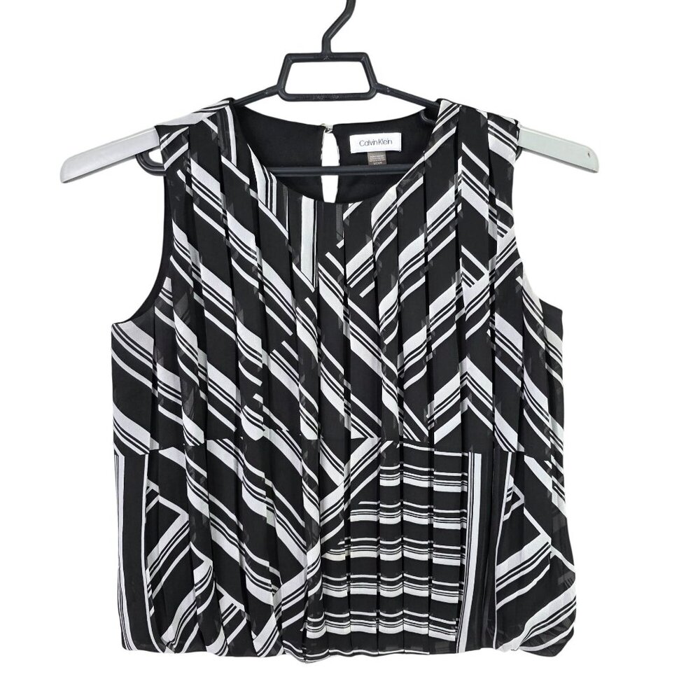 Womens Calvin Klein Black & White Sleeveless Striped Pleated Blouse Polyester S